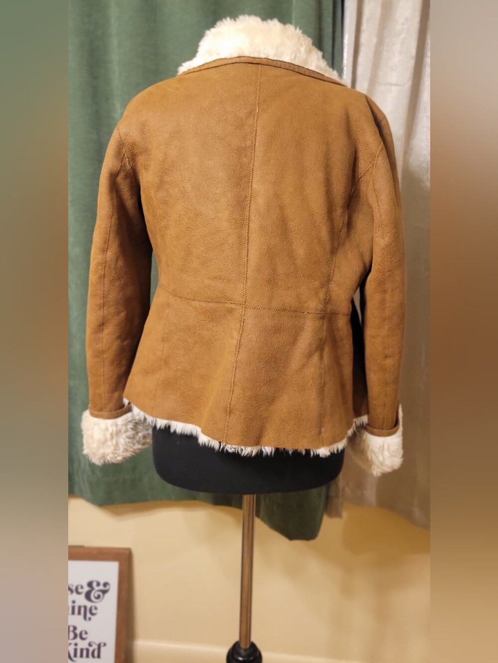 Women's Tan Faux-Suede Double-Breasted Shearling Jacket - Picture 8 of 11